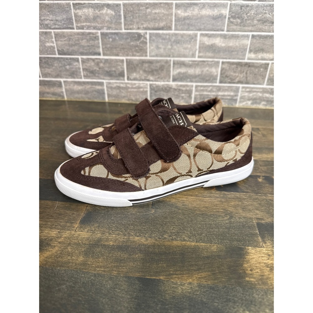 Coach Womens Signature‎ Monogram Suede Hook and Loop Sneakers Brown A2560 6B